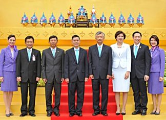Also attending the ceremony were Flt. Lt. Montree Jumrieng (2nd from left), THAI Executive Vice President & Managing Director of the Technical Department; Pandit Chanapai (3rd from left), THAI Executive Vice President of Commercial, Sqn. Ldr. Asdavut Watanangura (5th from left), THAI Executive Vice President of Operations; Wasukarn Visansawatdi (6th from left), THAI Executive Vice President of Finance and Accounting; and Niruj Maneepun (7th from left), THAI Executive Vice President of Corporate Secretariat Department.